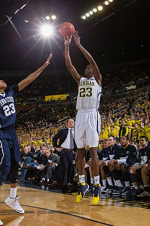 Caris LeVert (23) and Penn State Head Coach Patrick Chambers