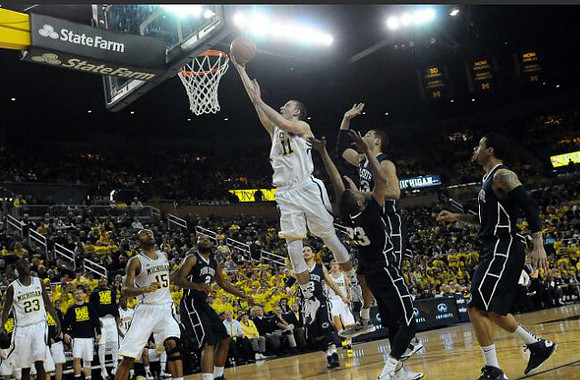 Caris LeVert (23), Jon Horford (15), Nik Stauskas (11), and Spike Albrecht (2)