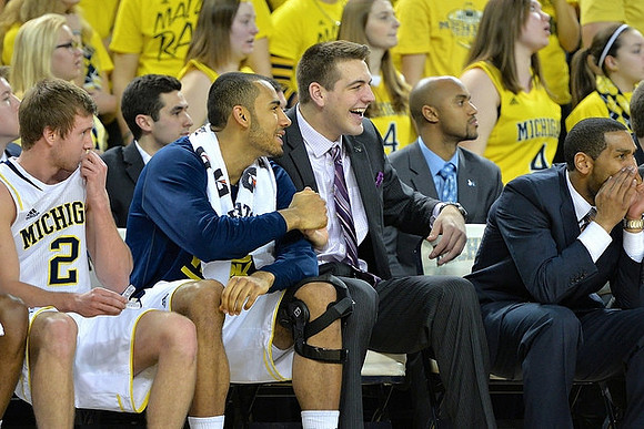 Spike Albrecht (2), Jon Horford (15), Mitch McGary (4), C.J. Lee, and LaVall Jordan