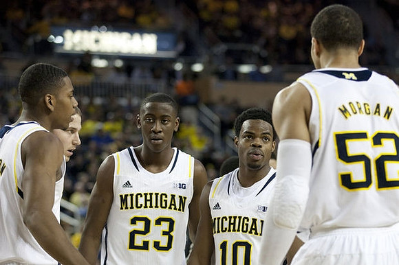 Glenn Robinson III (1), Nik Stauskas (11), Caris LeVert (23), Derrick Walton Jr. (10), and Jordan Morgan (52)