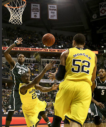 Caris LeVert (23) and Jordan Morgan (52)