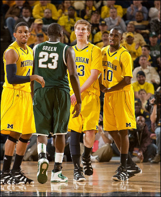 Darius Morris (4), Evan Smotrycz (23), and Tim Hardaway Jr. (10)