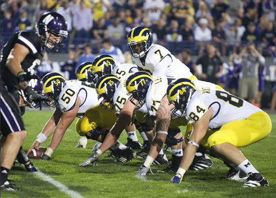 David Molk (50), Mark Huyge (72), Patrick Omameh (65), Michael Schofield (75), Devin Gardner (7), Taylor Lewan (77), and Steve Watson (84)