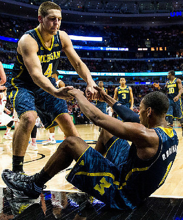 Mitch McGary (4), Glenn Robinson III (1), Caris LeVert (23), Trey Burke (3), and Tim Hardaway Jr. (10)