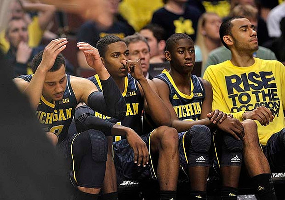 Jordan Morgan (52), Glenn Robinson III (1), Caris LeVert (23), and Jon Horford (15)