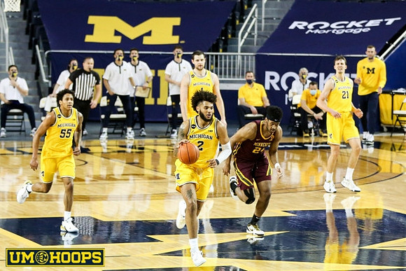 Eli Brooks (55), Isaiah Livers (2), Hunter Dickinson (1), and Franz Wagner (21)