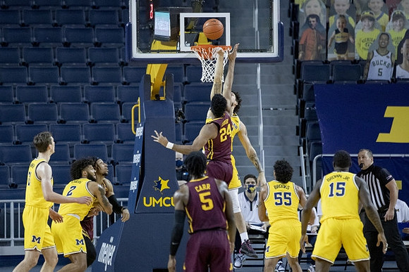 Franz Wagner (21), Isaiah Livers (2), Brandon Johns Jr. (23), Eli Brooks (55), and Chaundee Brown Jr. (15)