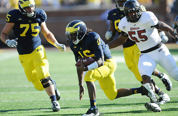 Michael Schofield (75), Denard Robinson (16), and Patrick Omameh (65)