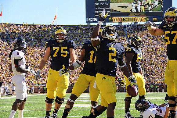 Michael Schofield (75), Denard Robinson (16), Vincent Smith (2), Patrick Omameh (65), and Elliott Mealer (57)