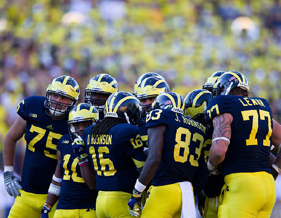 Michael Schofield (75), Jeremy Gallon (10), Denard Robinson (16), Jerald Robinson (83), and Taylor Lewan (77)