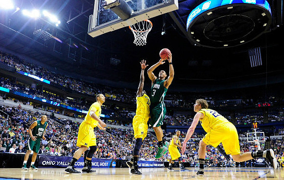 Jordan Morgan (52), Tim Hardaway Jr. (10), Trey Burke (3), and Evan Smotrycz (23)