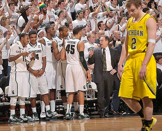 Spike Albrecht (2) and Michigan State Head Coach Tom Izzo