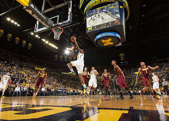Nik Stauskas (11), Caris LeVert (23), Jon Horford (15), and Spike Albrecht (2)