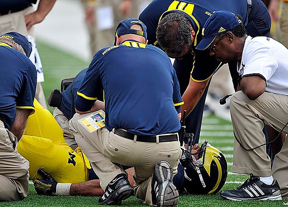Drake Johnson (20), Brady Hoke, and Fred Jackson