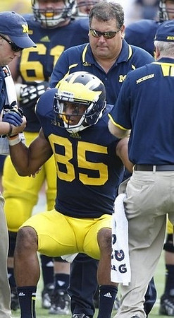 Joe Reynolds (85) and Brady Hoke