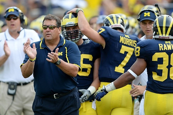 Brady Hoke, Shane Morris (7), and Thomas Rawls (38)
