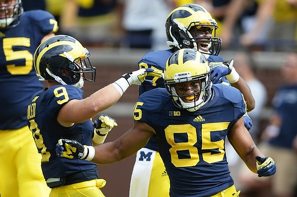 Michael Schofield (75), Drew Dileo (9), Joe Reynolds (85), and Devin Funchess (87)