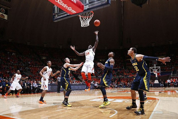 Nik Stauskas (11), Glenn Robinson III (1), and Jordan Morgan (52)