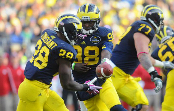 Fitzgerald Toussaint (28), Devin Gardner (98), Taylor Lewan (77), and Kyle Bosch (65)