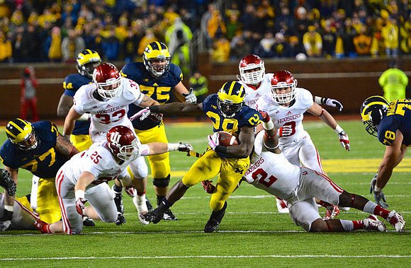 Taylor Lewan (77), A.J. Williams (84), Michael Schofield (75), Fitzgerald Toussaint (28), and Erik Magnuson (78)