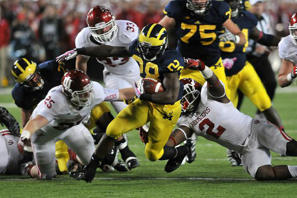 Taylor Lewan (77), Fitzgerald Toussaint (28), Michael Schofield (75), and A.J. Williams (84)