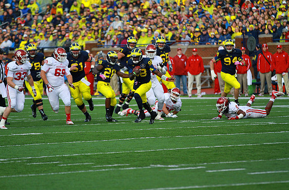 Erik Magnuson (78), Graham Glasgow (61), Fitzgerald Toussaint (28), Devin Gardner (98), Taylor Lewan (77), Kyle Bosch (65), and Jordan Paskorz (94)