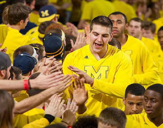 Mitch McGary (4), Jon Horford (15), Nik Stauskas (11), Trey Burke (3), and Caris LeVert (23)