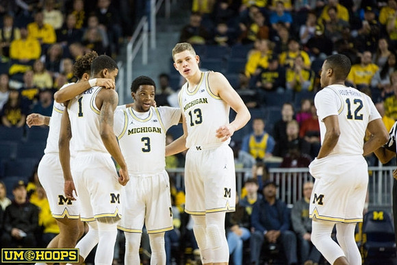 Isaiah Livers (4), Charles Matthews (1), Zavier Simpson (3), Moritz Wagner (13), and Muhammad-Ali Abdur-Rahkman (12)