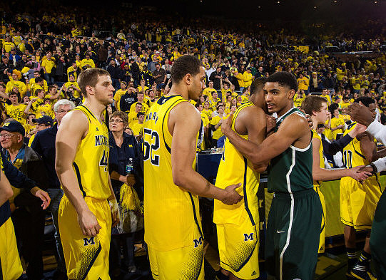 Max Bielfeldt (44), Jordan Morgan (52), Zak Irvin (21), Spike Albrecht (2), and Derrick Walton Jr. (10)