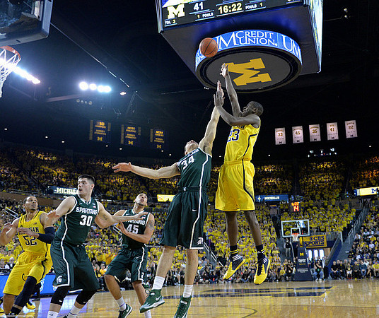 Jordan Morgan (52) and Caris LeVert (23)