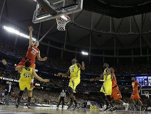 Jordan Morgan (52), Caris LeVert (23), and Tim Hardaway Jr. (10)