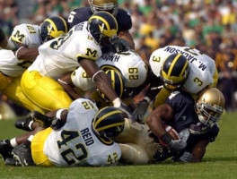 Ryan Mundy (21), Pierre Woods (99), Leon Hall (29), Lawrence Reid (42), and Marlin Jackson (3)