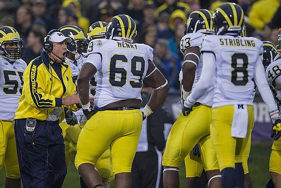Jibreel Black (55), Greg Mattison, Willie Henry (69), Taco Charlton (33), Channing Stribling (8), and Desmond Morgan (48)