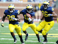 Fitzgerald Toussaint (28), Denard Robinson (16), and Kevin Koger (86)