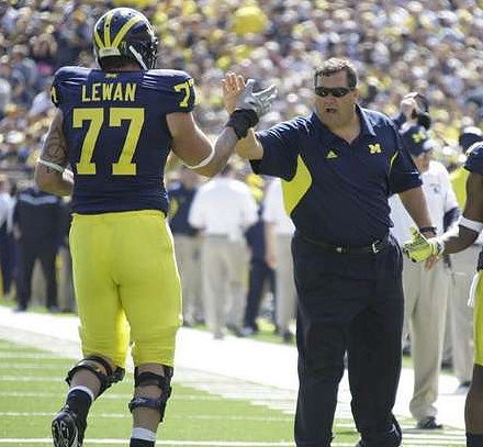 Taylor Lewan (77) and Brady Hoke