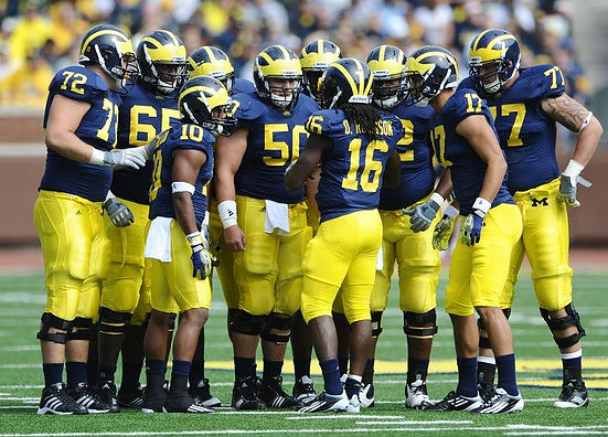 Mark Huyge (72), Patrick Omameh (65), Jeremy Gallon (10), David Molk (50), Denard Robinson (16), Ricky Barnum (52), Jeremy Jackson (17), and Taylor Lewan (77)