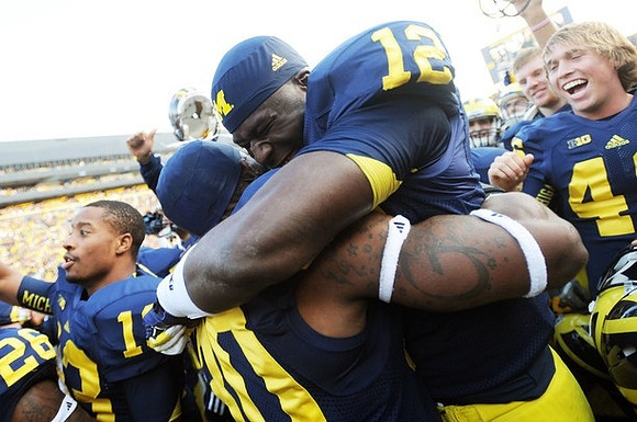Terry Richardson (13), Devin Gardner (12), Thomas Gordon (30), and Seth Broekhuizen (46)