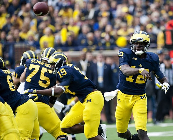 Patrick Omameh (65), Michael Schofield (75), Devin Funchess (19), and Devin Gardner (12)