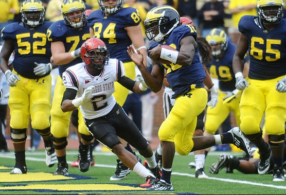 Ricky Barnum (52), Mark Huyge (72), Steve Watson (84), Denard Robinson (16), John McColgan (49), and Patrick Omameh (65)