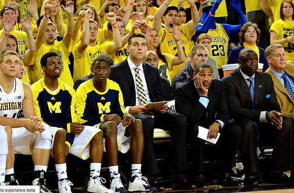 Max Bielfeldt (44), Derrick Walton Jr. (10), Caris LeVert (23), C.J. Lee, Mitch McGary (4), LaVall Jordan, Bacari Alexander, and Jeff Meyer