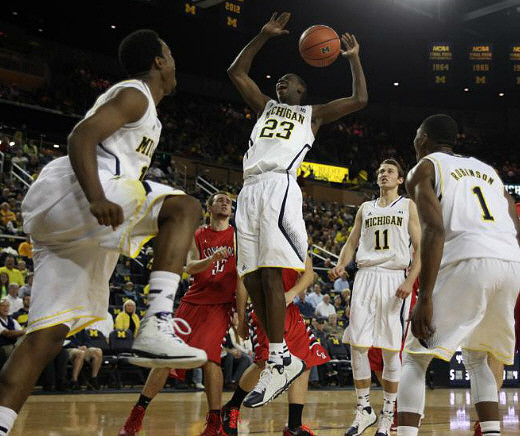 Derrick Walton Jr. (10), Caris LeVert (23), Nik Stauskas (11), and Glenn Robinson III (1)