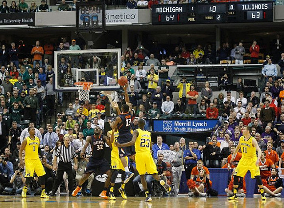 Glenn Robinson III (1), Zak Irvin (21), Caris LeVert (23), and Nik Stauskas (11)