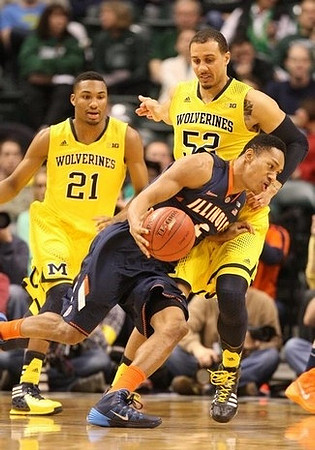 Nik Stauskas (11), John Beilein, LaVall Jordan, and Jeff Meyer
