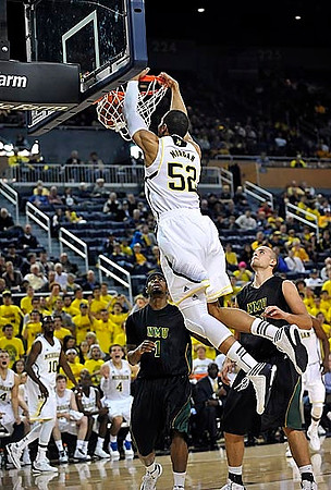 Jordan Morgan (52), Tim Hardaway Jr. (10), and Mitch McGary (4)