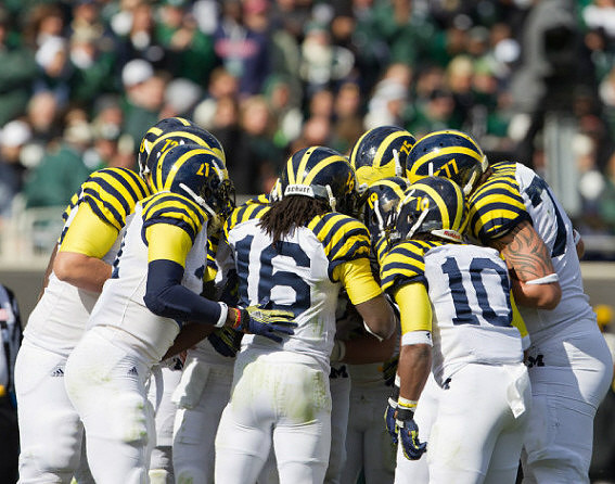 Mark Huyge (72), Junior Hemingway (21), Denard Robinson (16), Jeremy Gallon (10), Kelvin Grady (19), Taylor Lewan (77), and Michael Schofield (75)