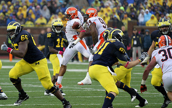 Patrick Omameh (65), Denard Robinson (16), Mike Kwiatkowski (81), and Elliott Mealer (57)