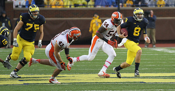 Devin Funchess (19), Michael Schofield (75), and Russell Bellomy (8)