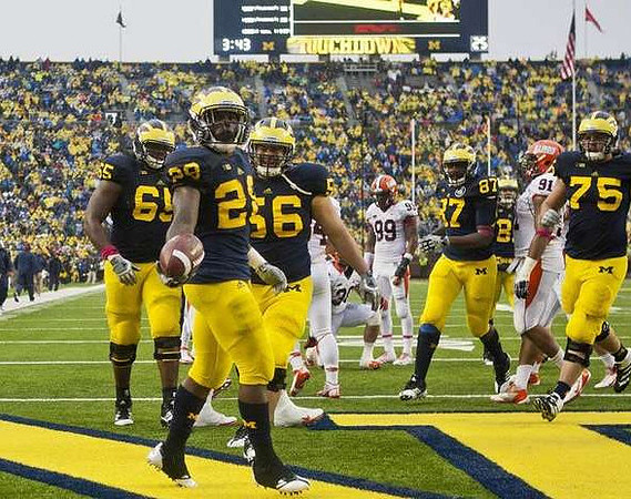 Patrick Omameh (65), Fitzgerald Toussaint (28), Joey Burzynski (56), Brandon Moore (87), Mike Kwiatkowski (81), and Michael Schofield (75)