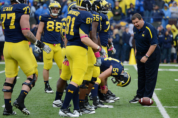 Taylor Lewan (77), Craig Roh (88), Mike Kwiatkowski (81), Dennis Norfleet (26), Patrick Omameh (65), Jareth Glanda (54), William Campbell (73), and Brady Hoke