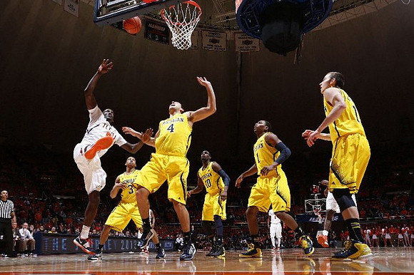Trey Burke (3), Mitch McGary (4), Tim Hardaway Jr. (10), Glenn Robinson III (1), and Nik Stauskas (11)